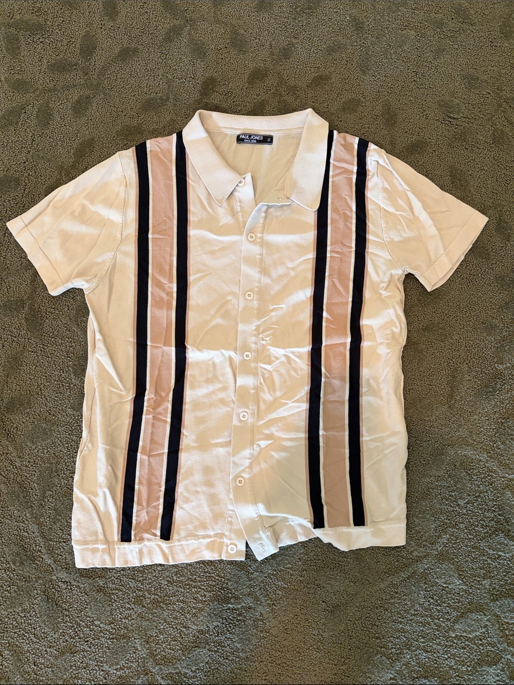Paul Jones Cream Short-Sleeve Button Polo with Black & Tan Stripes